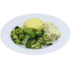 Kabeljauwfilet met dillesaus, broccoli en aardappelpuree (zoutarm/natriumarm). 